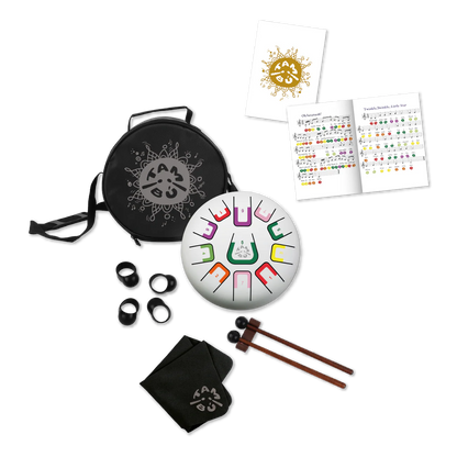 Tangram drum set with carrying case, mallets, and educational materials on a white background