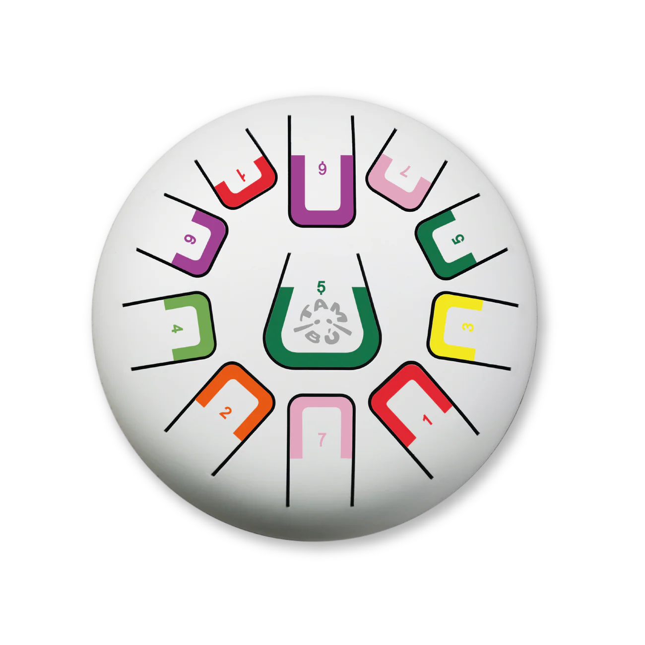 Round white board with colorful numbers and symbols on a white background