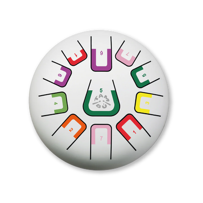 Round white board with colorful numbers and symbols on a white background