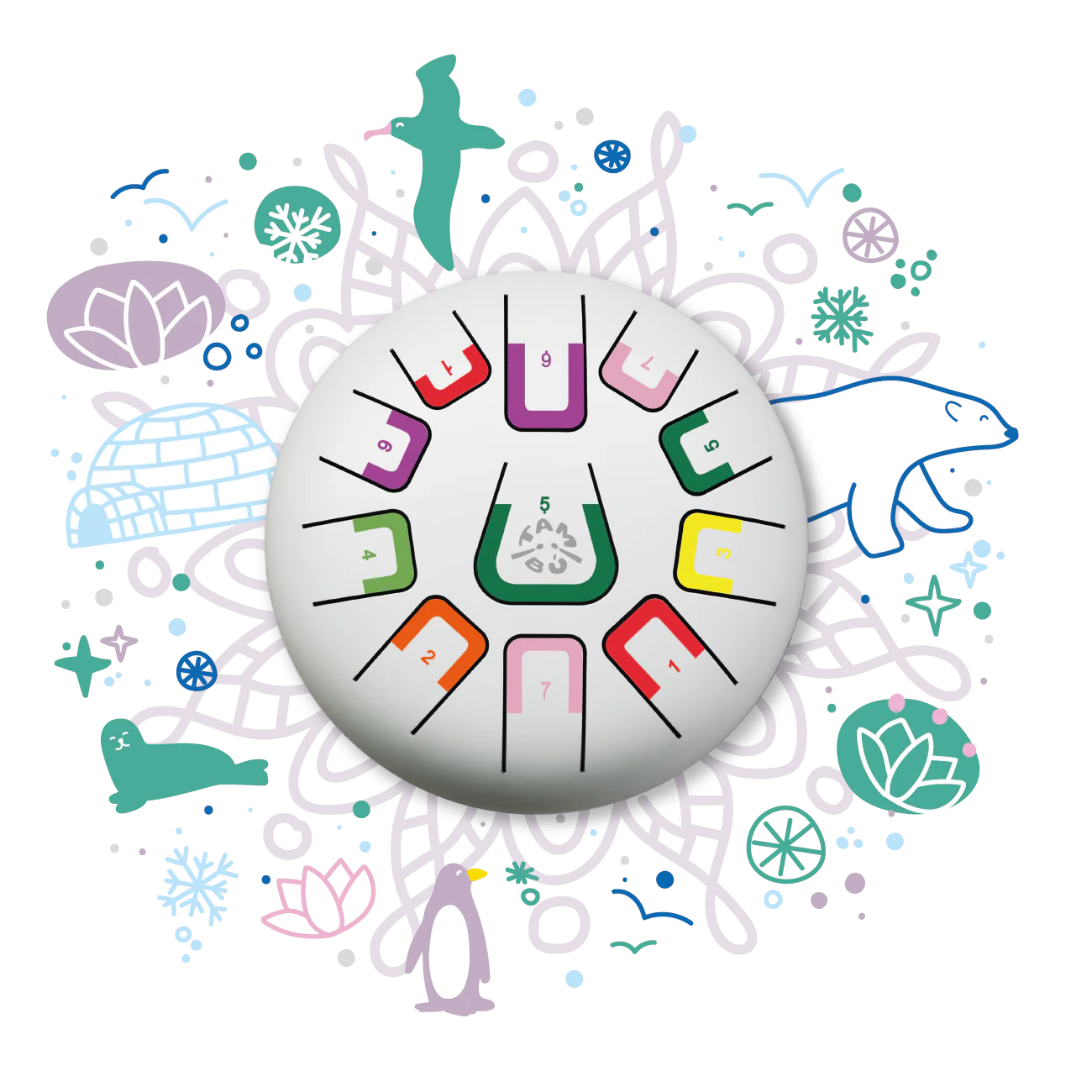 Circular design with colorful elements and symbols on a white background