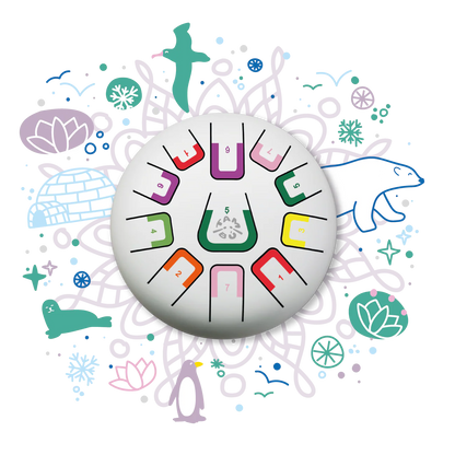 Circular design with colorful elements and symbols on a white background