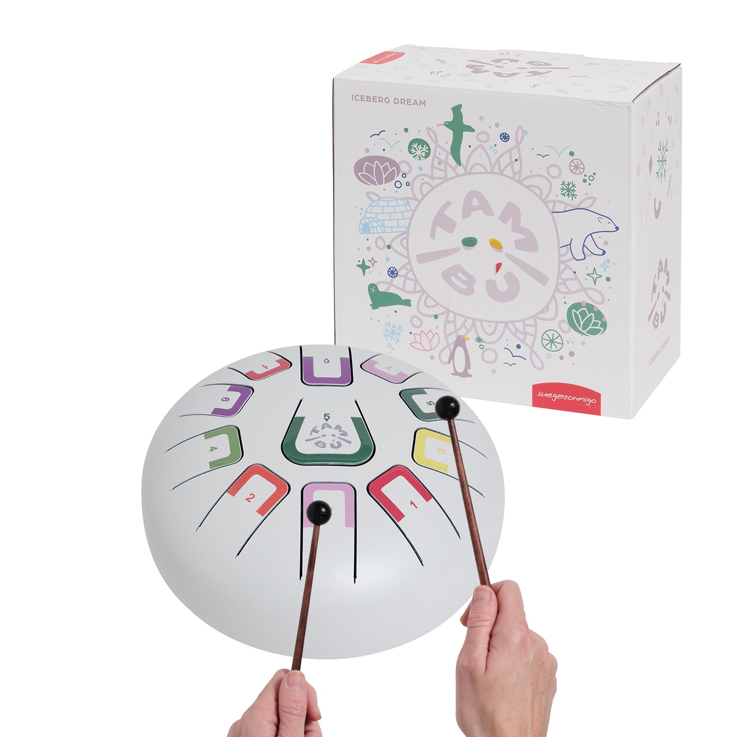 Colorful musical instrument with mallets and packaging on a white background