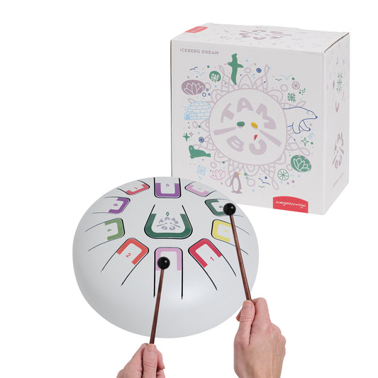 Colorful musical instrument with mallets and packaging on a white background