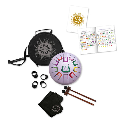 Colorful drum set with carrying case, mallets, and music sheets on a white background