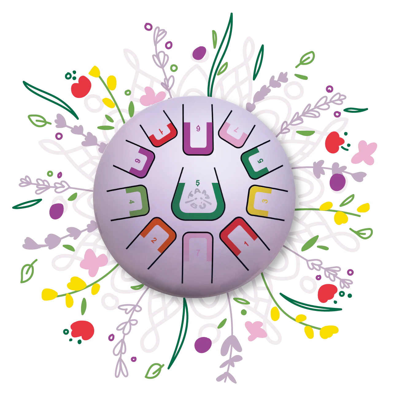 Circular design with colorful icons on a white background