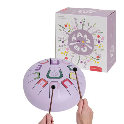 Purple hand drum with colorful letters and two sticks, next to its packaging box on a white background.