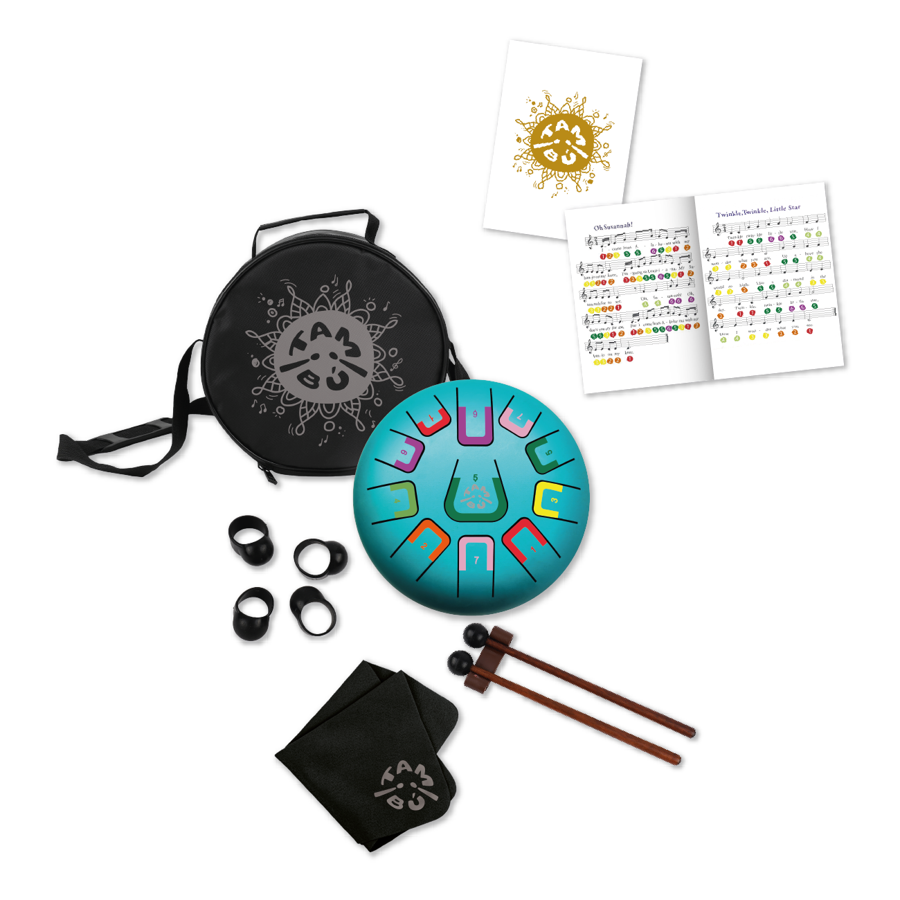 Colorful metal tongue drum set with carrying case, mallets, and instructional materials on a white background