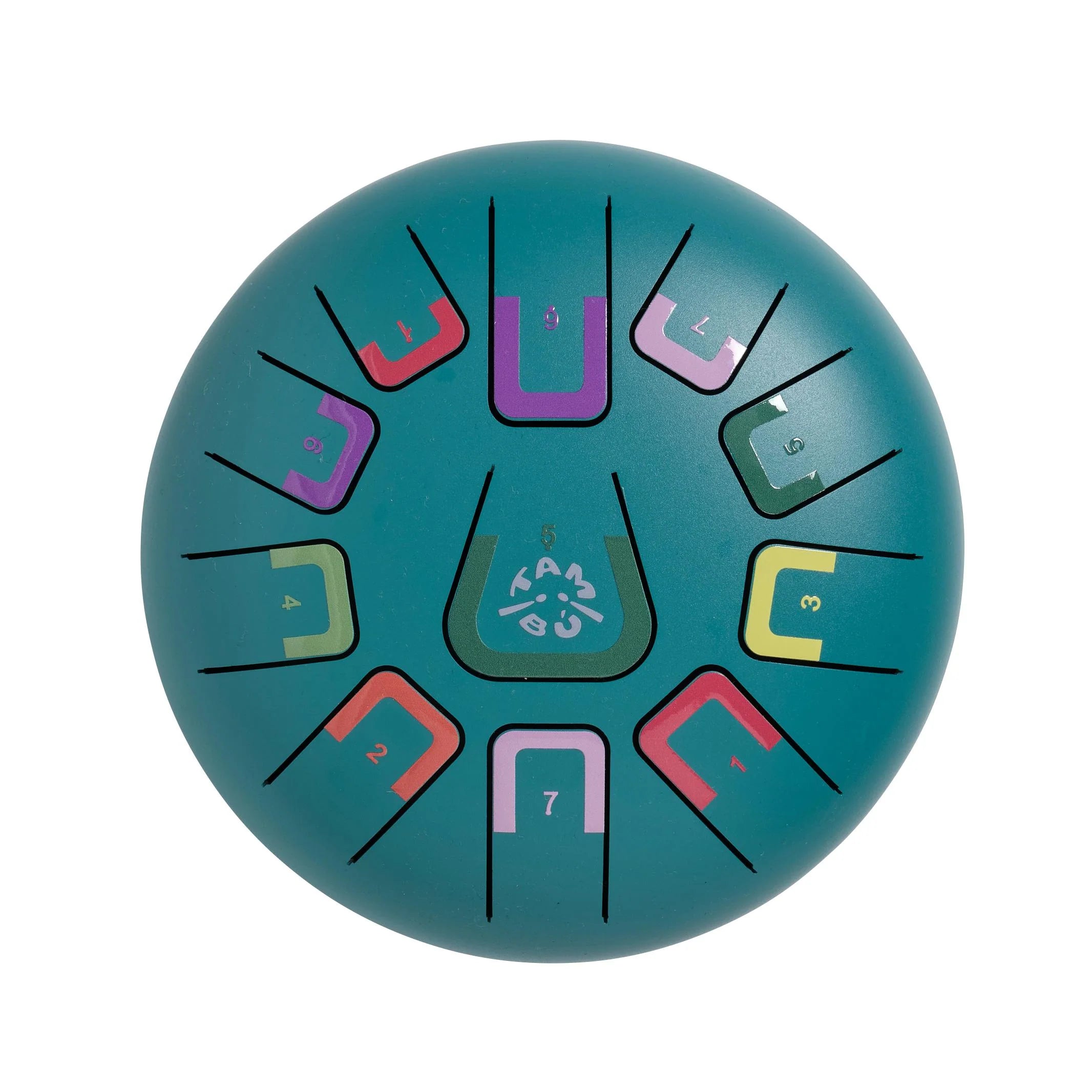 Round teal object with colorful number and letter markings on a white background