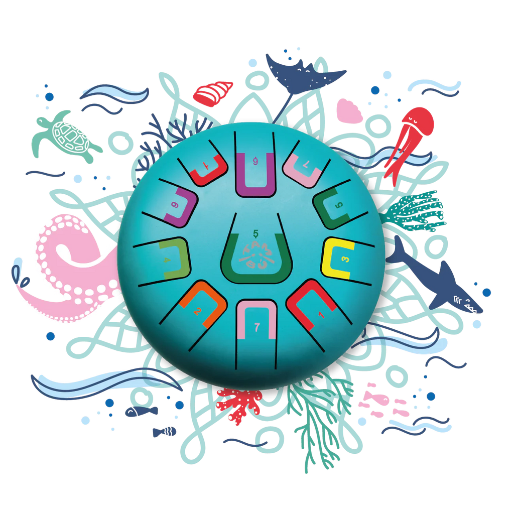 Colorful underwater-themed design with sea creatures and a circular pattern on a white background
