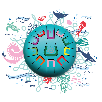 Colorful underwater-themed design with sea creatures and a circular pattern on a white background