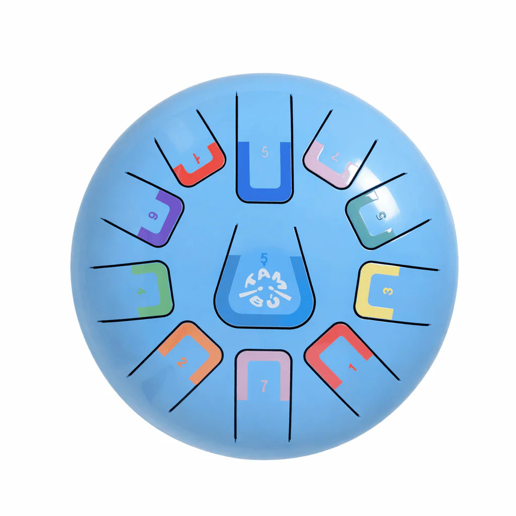 Circular blue tongue drum with number and letter designs on a white background