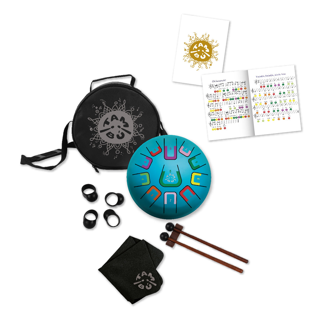 Tangram drum set with carrying case, drumsticks, and music sheets on a white background