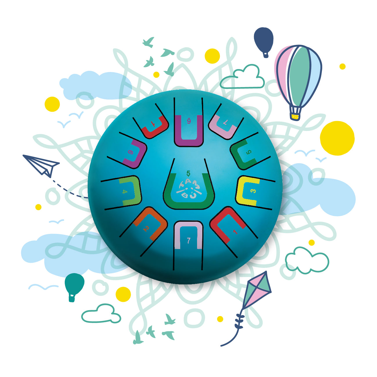 Colorful Tambu tongue drum with various symbols on a white background