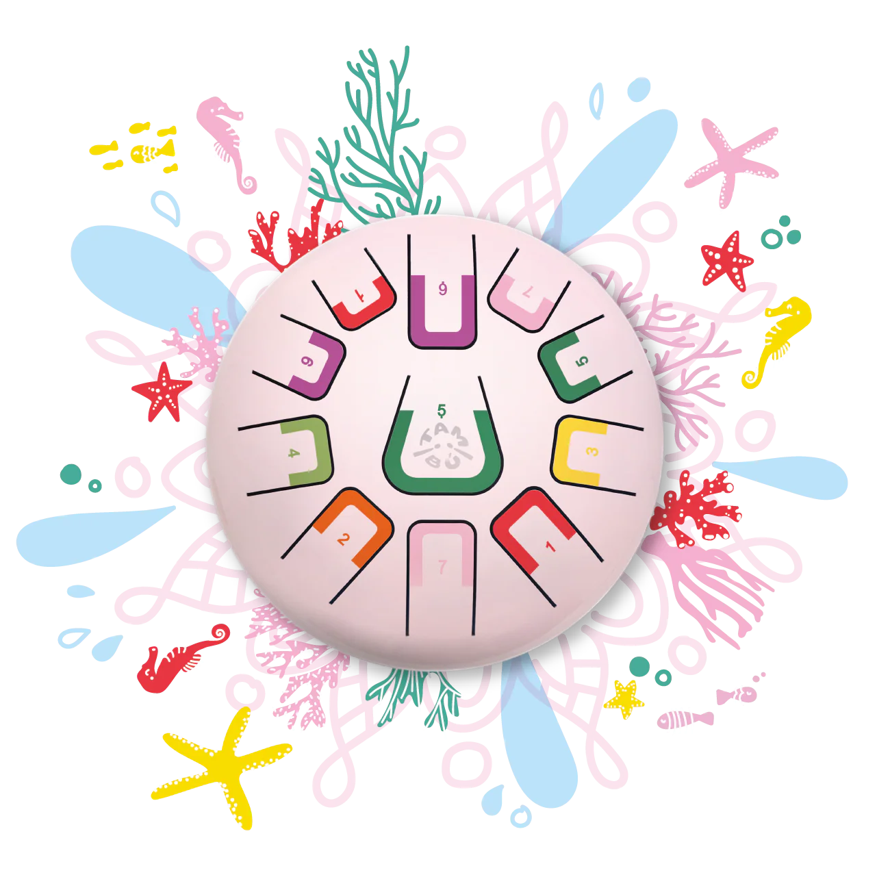 Circular design with colorful elements on a white background