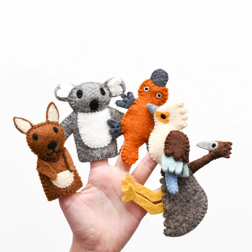 Set of five animal finger puppets on a hand against a white background