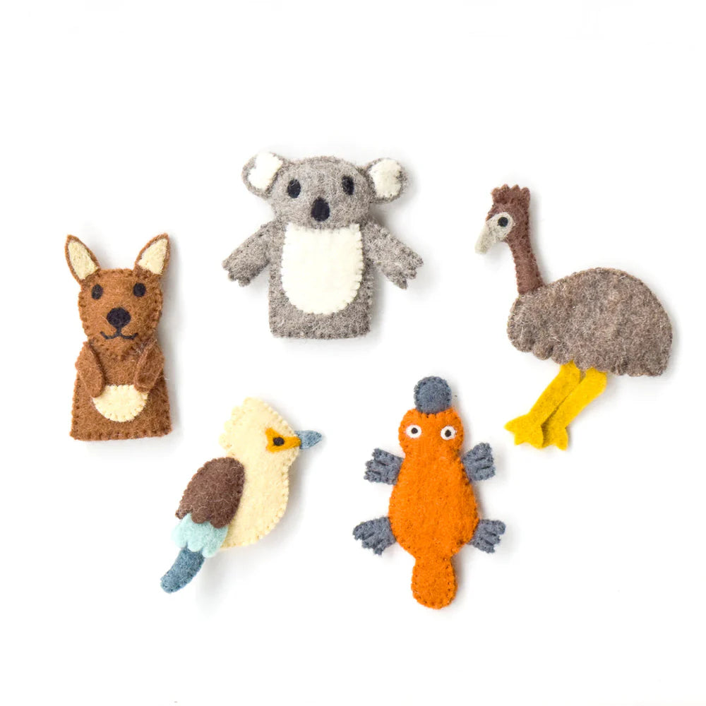 Set of five felt animal finger puppets on a white background