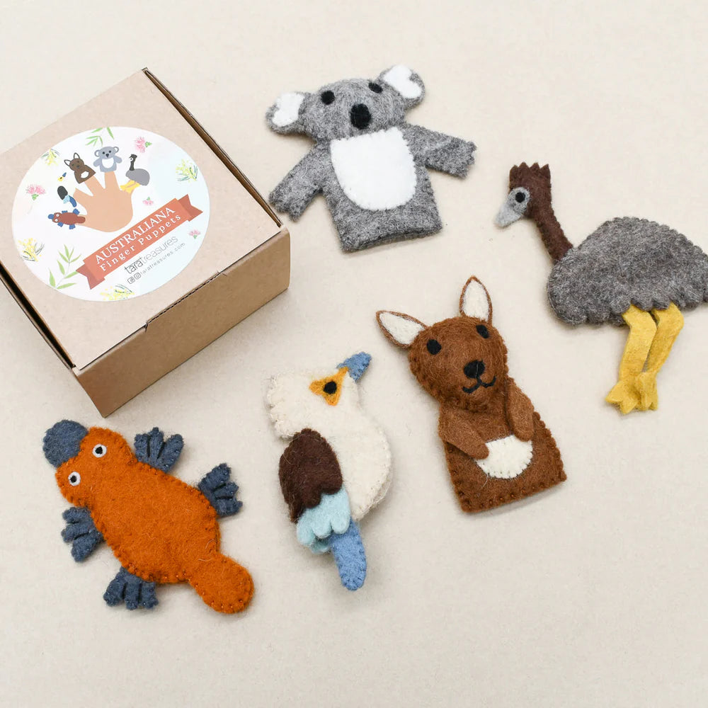 Set of felt animal toys with a box labeled 'Australiana' on a beige background