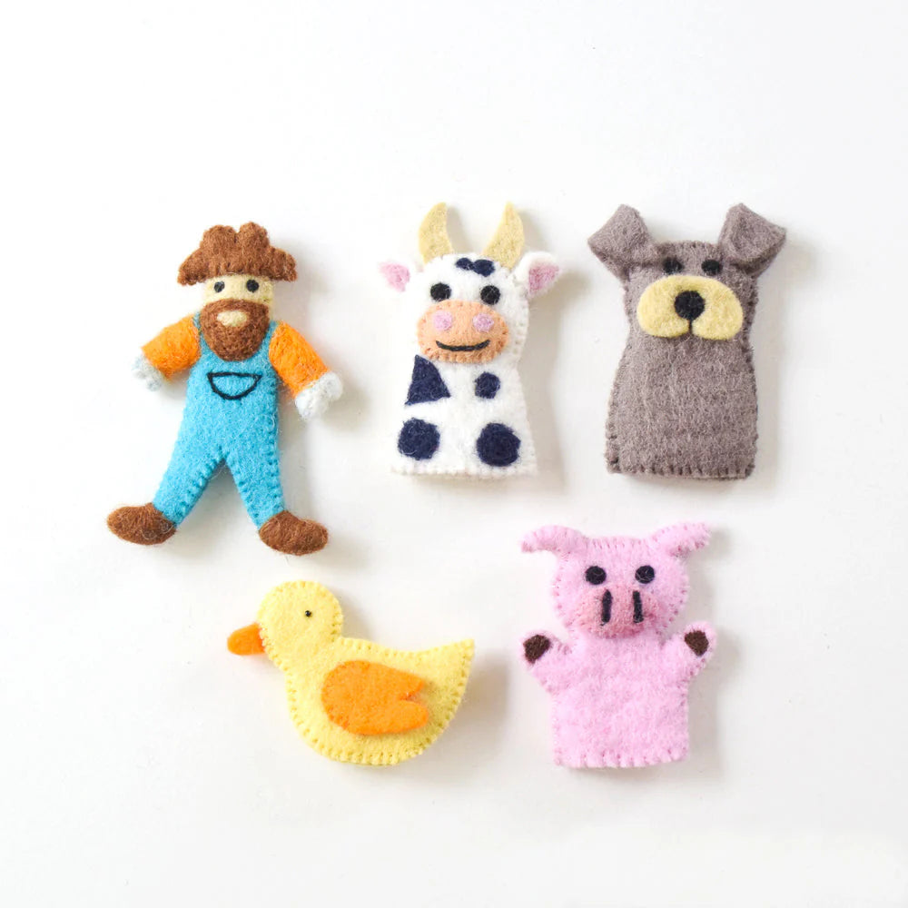Set of colorful animal-themed finger puppets on a white background
