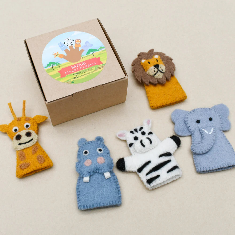 Set of animal-themed finger puppets with a cardboard box on a beige background