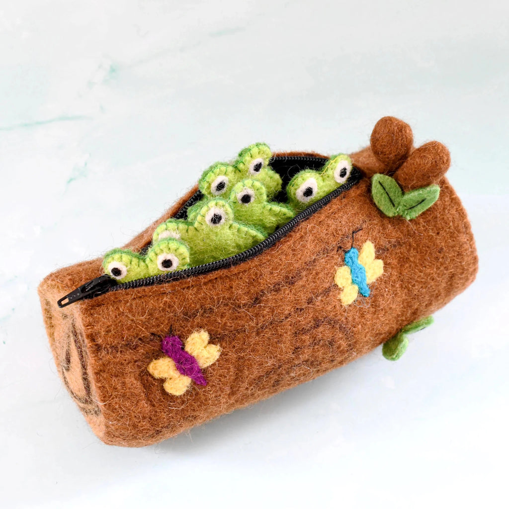 Felted pouch with embroidered designs on a white background