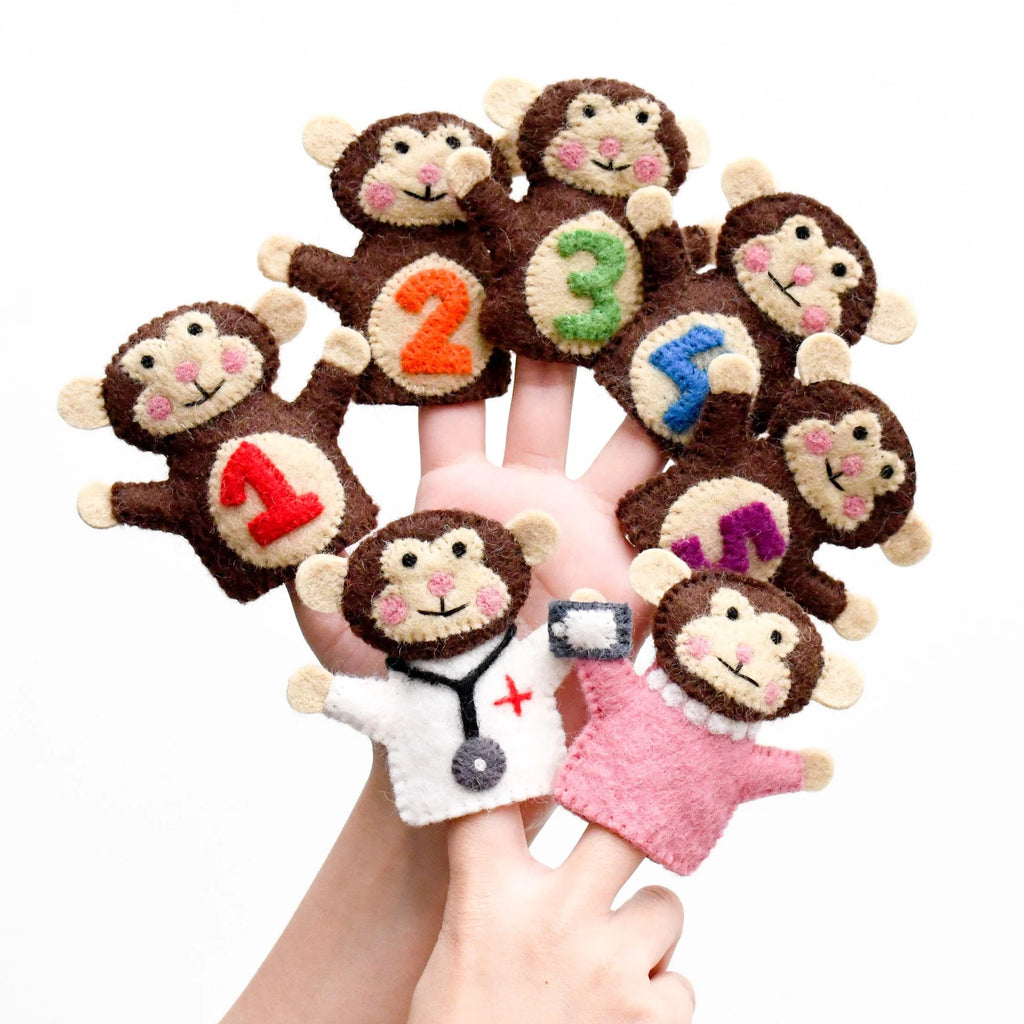 Finger puppets shaped like monkeys with numbers and professions on a white background