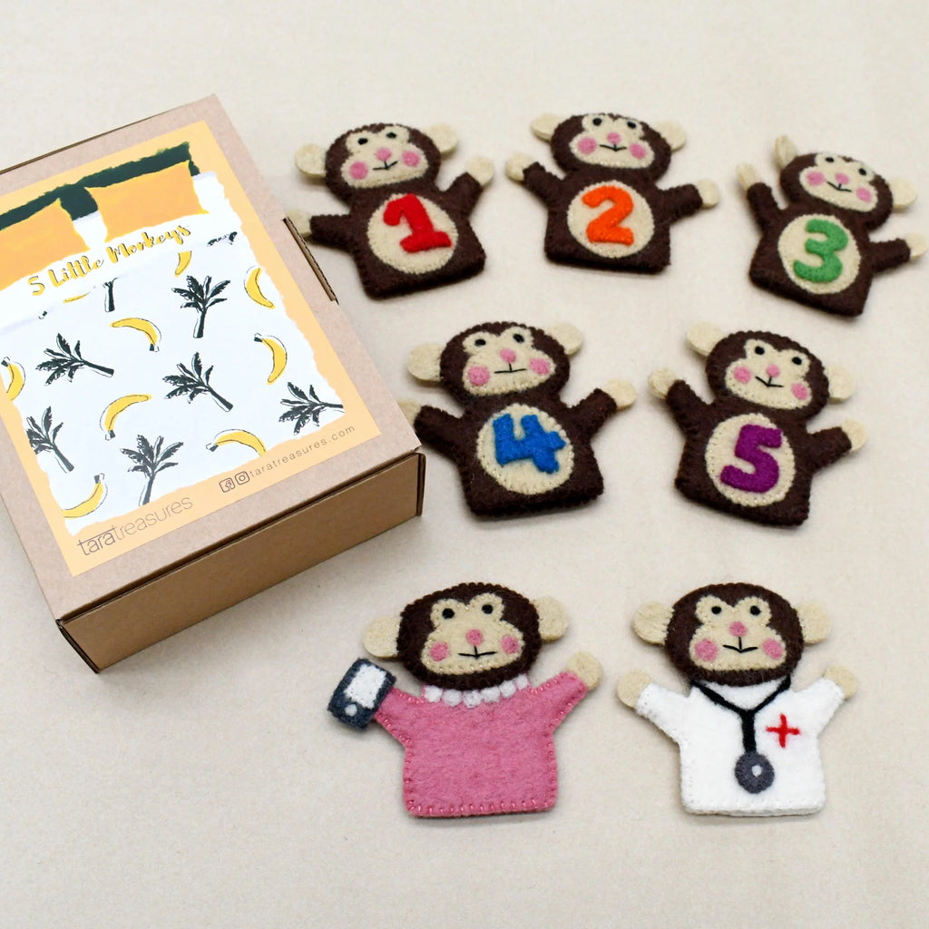 Set of monkey-themed finger puppets with numbers and costumes on a beige background.