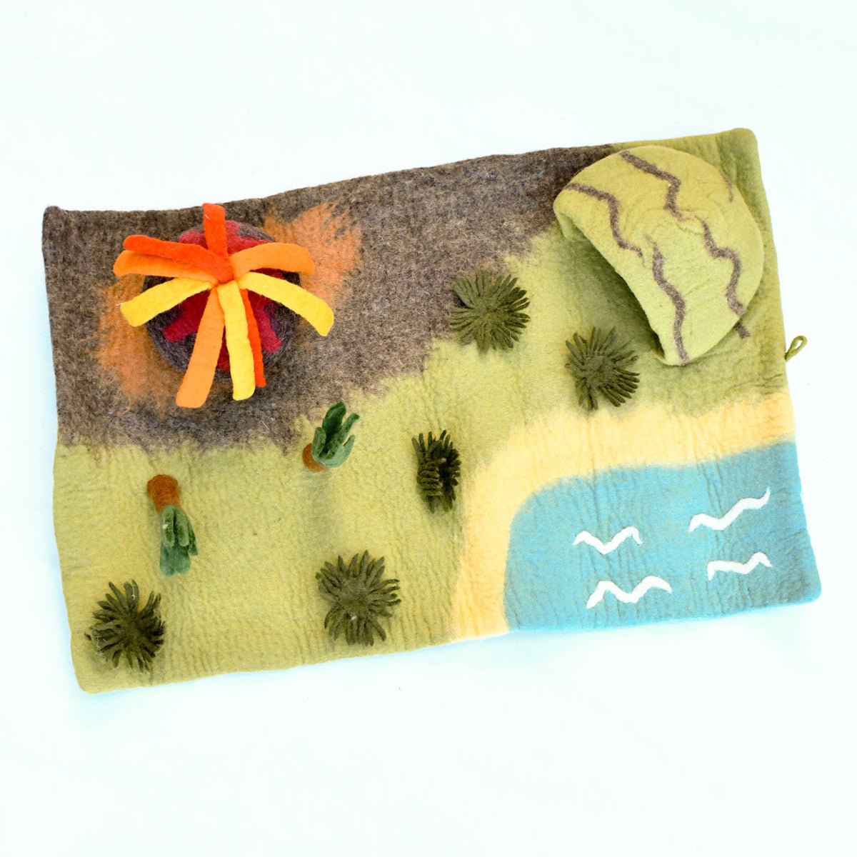 Felted pouch with nature-themed design on a white background
