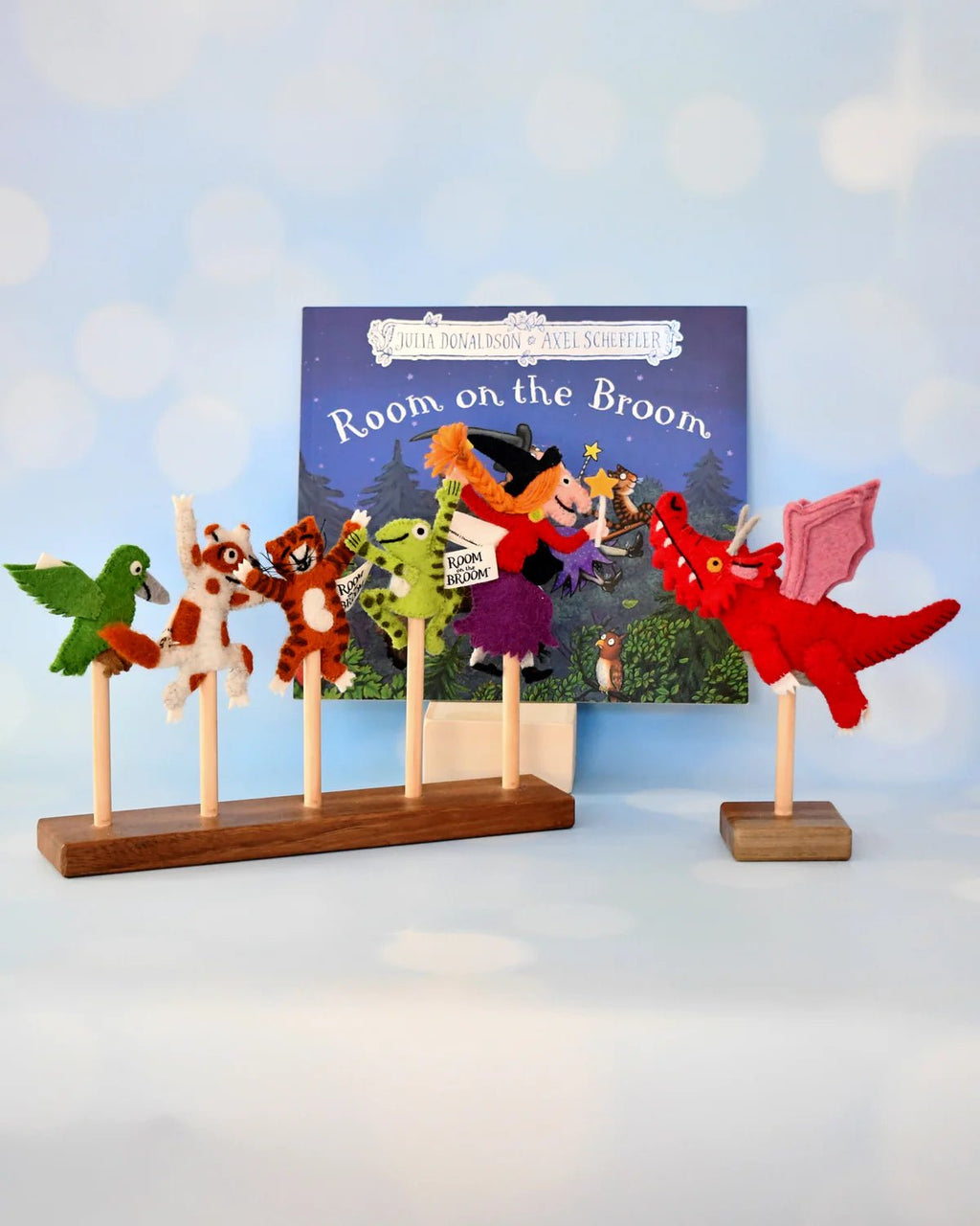 Felt puppet set with 'Room on the Broom' book in the background