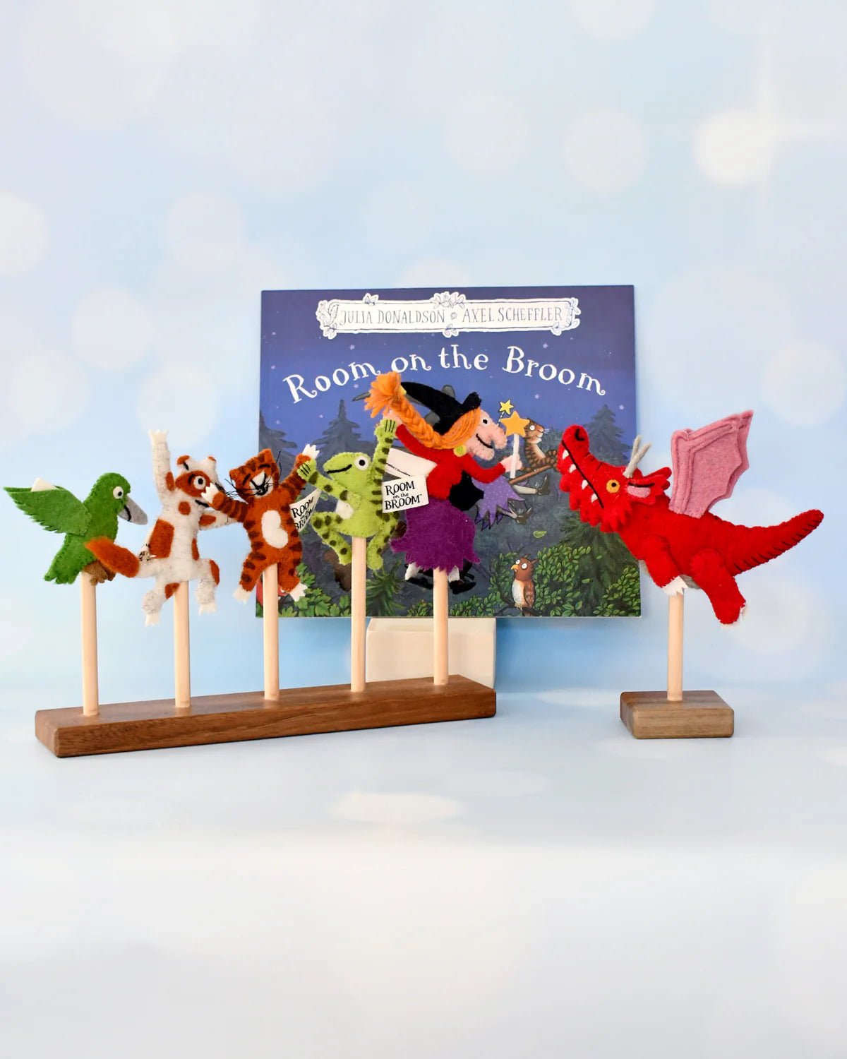 Felt puppet set with 'Room on the Broom' book in the background