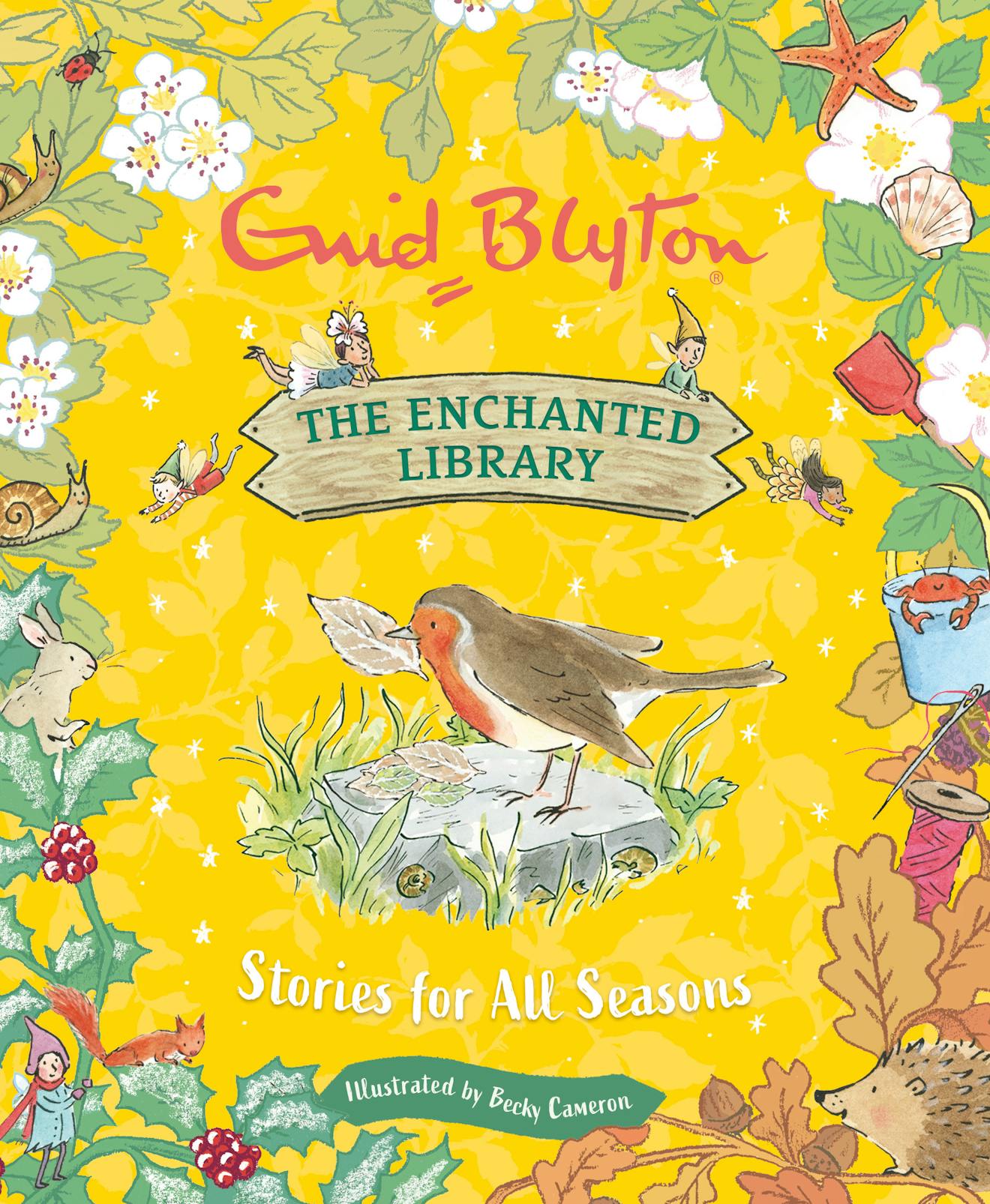 Book cover of 'The Enchanted Library' by Enid Blyton with illustrations of nature and characters on a yellow background.