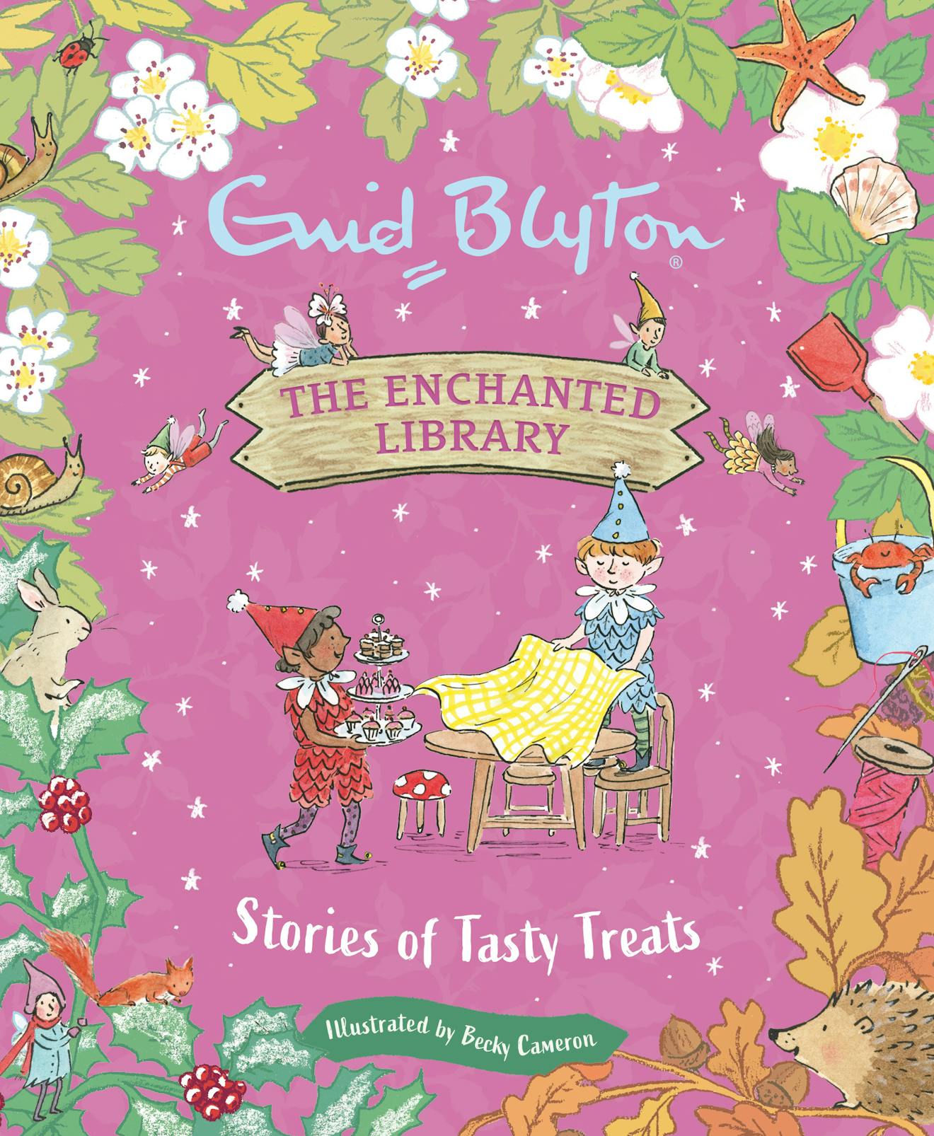 Book cover of 'The Enchanted Library' by Enid Blyton with fairy-themed illustrations on a pink background.