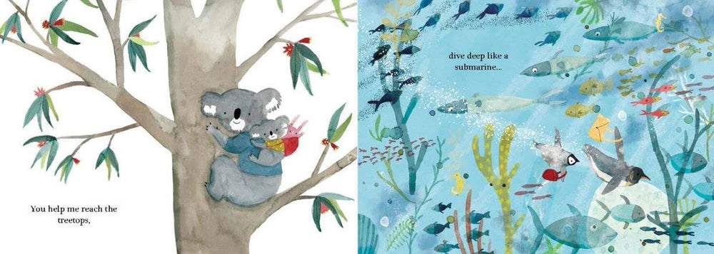 Illustrated book pages showing a koala in a tree and an underwater scene with fish and plants.