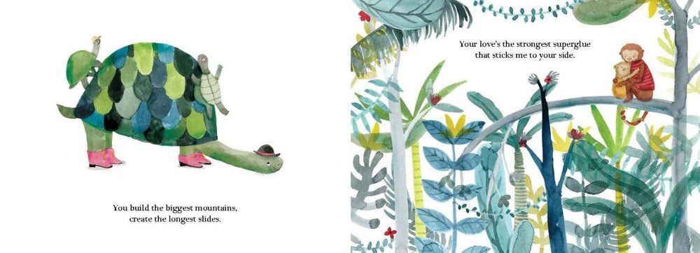 Illustrated children's book page with a turtle and monkey in a jungle setting.