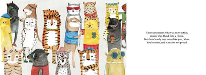 Illustrated book page with animal characters wearing sunglasses and hats.