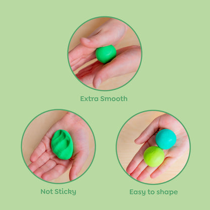 Green clay balls being held and manipulated on a green background with text indicating properties.