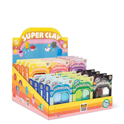 Display of Super Clay packaging with colorful design on a white background