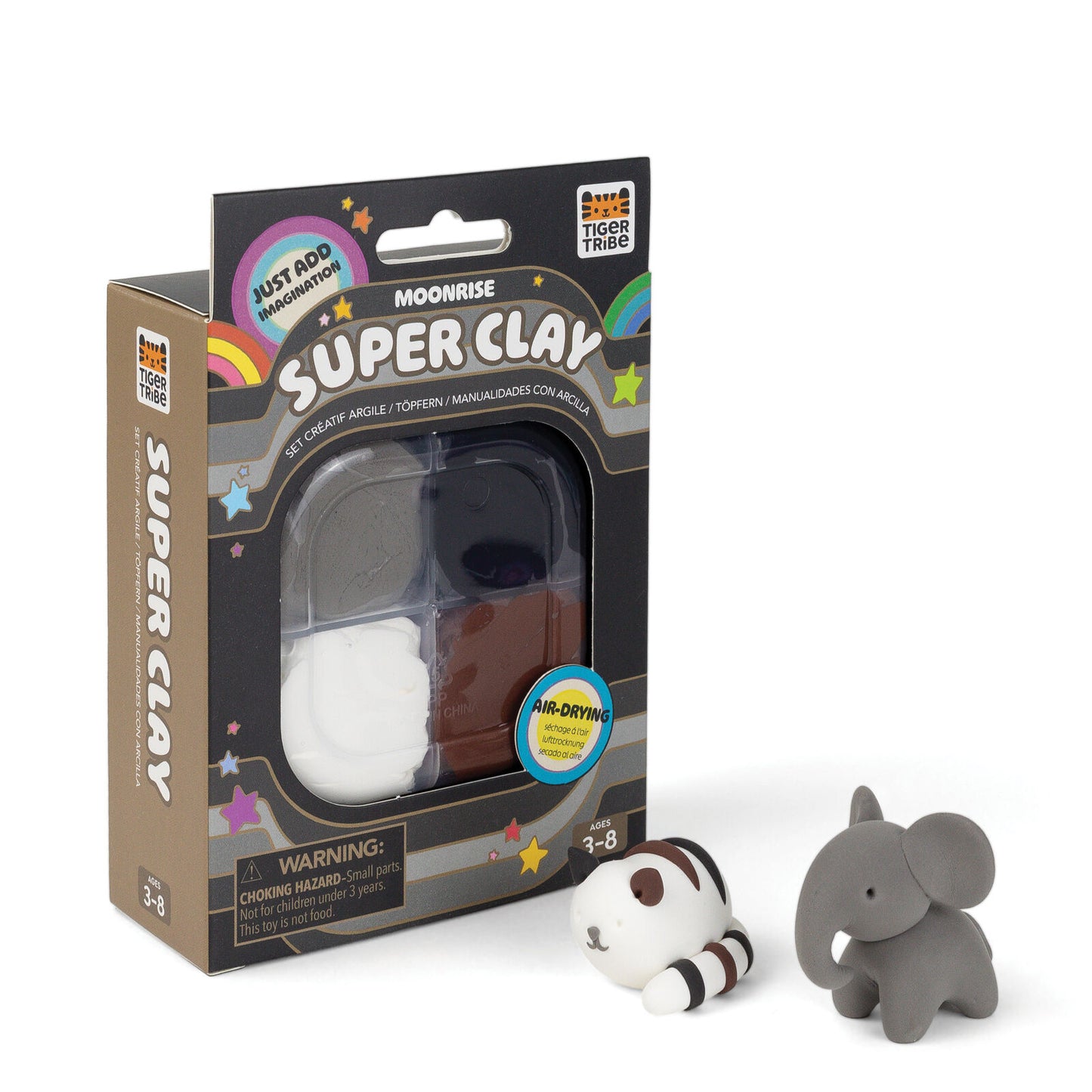 Super Clay packaging with two clay models on a white background