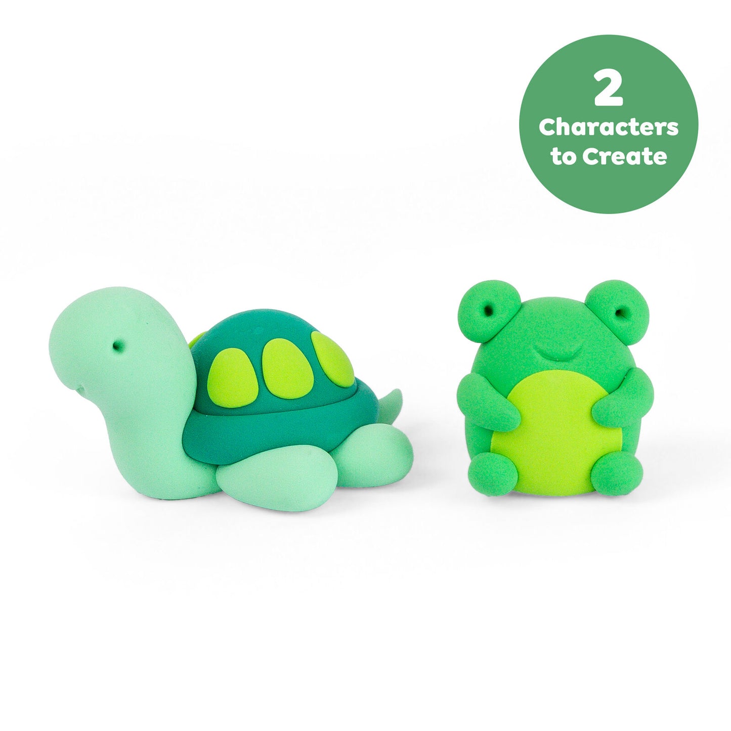 Two green toy figures, one turtle-like and one frog-like, on a white background with a '2 Characters to Create' label.