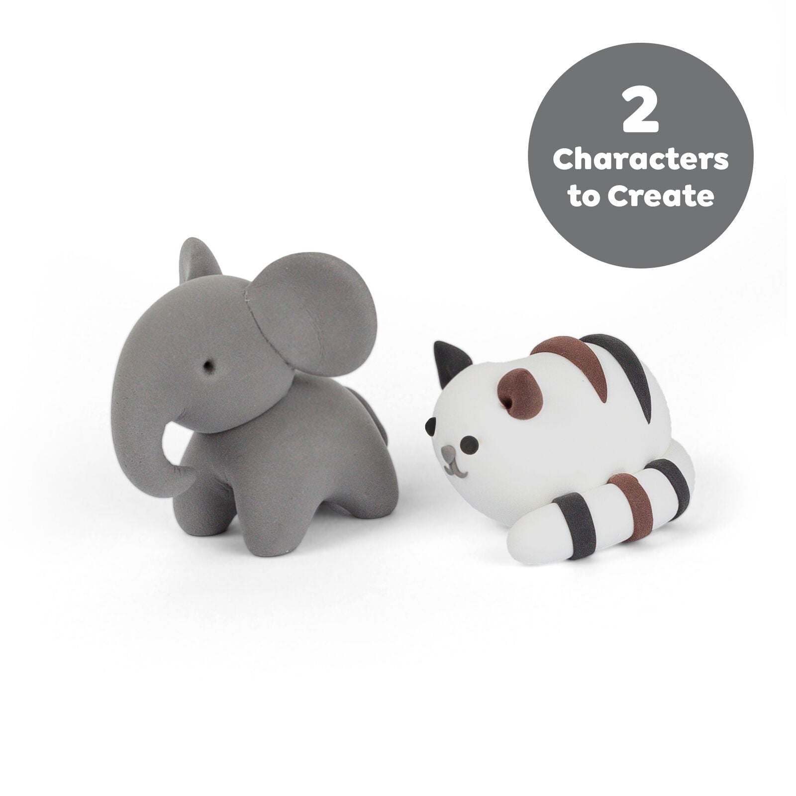 Two toy figures of an elephant and a cat on a white background with text indicating '2 Characters to Create'.