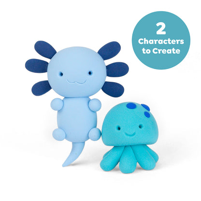Two blue and teal characters on a white background with text indicating two characters to create.