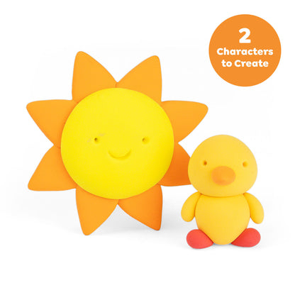 Sun-shaped character and duckling toy on a white background