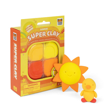 Super Clay packaging with a sun-shaped toy and duck figurine on a white background