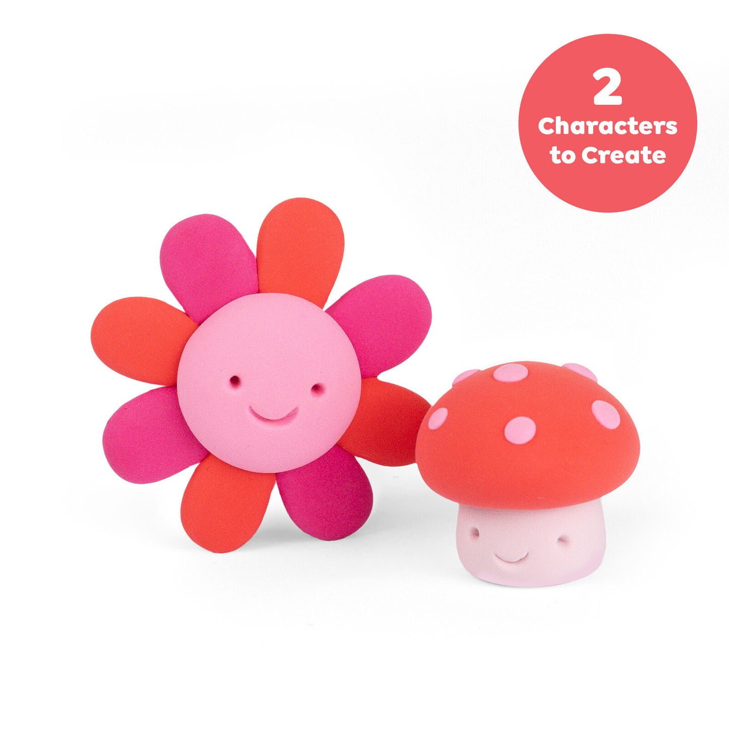 Two colorful toys shaped like a flower and a mushroom on a white background