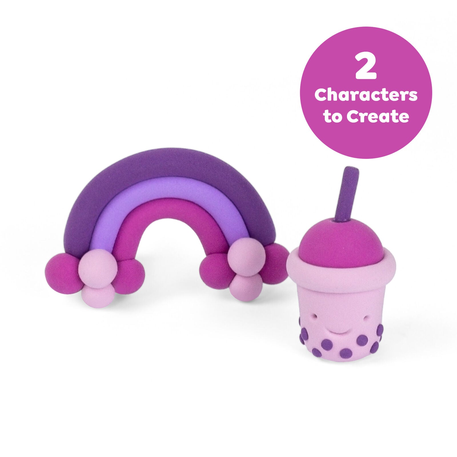 Purple and pink toy set with rainbow and bubble tea cup design on a white background