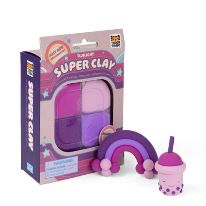Super Clay packaging with a purple and pink toy set on a white background