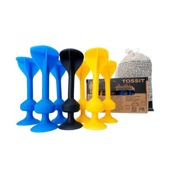 Set of blue, black, and yellow plastic tools with Tossit packaging in the background.