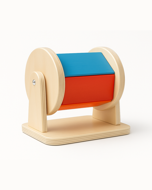 Colorful wooden toy with blue and red sections on a white background
