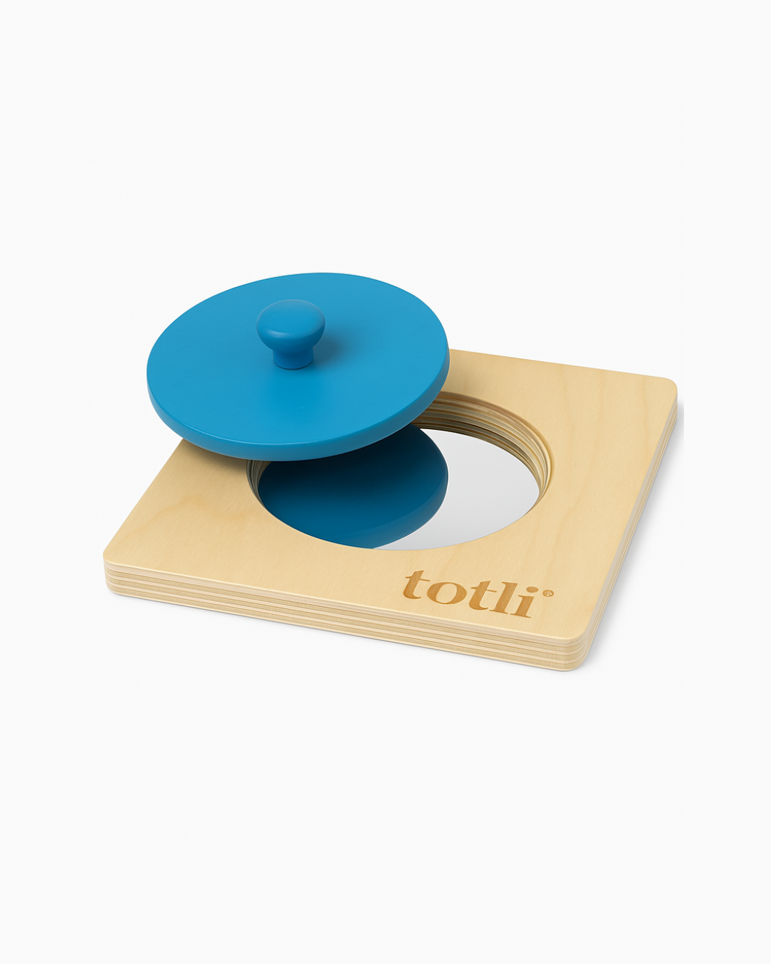 Wooden toy with a blue top on a white background, branded 'Totli'.