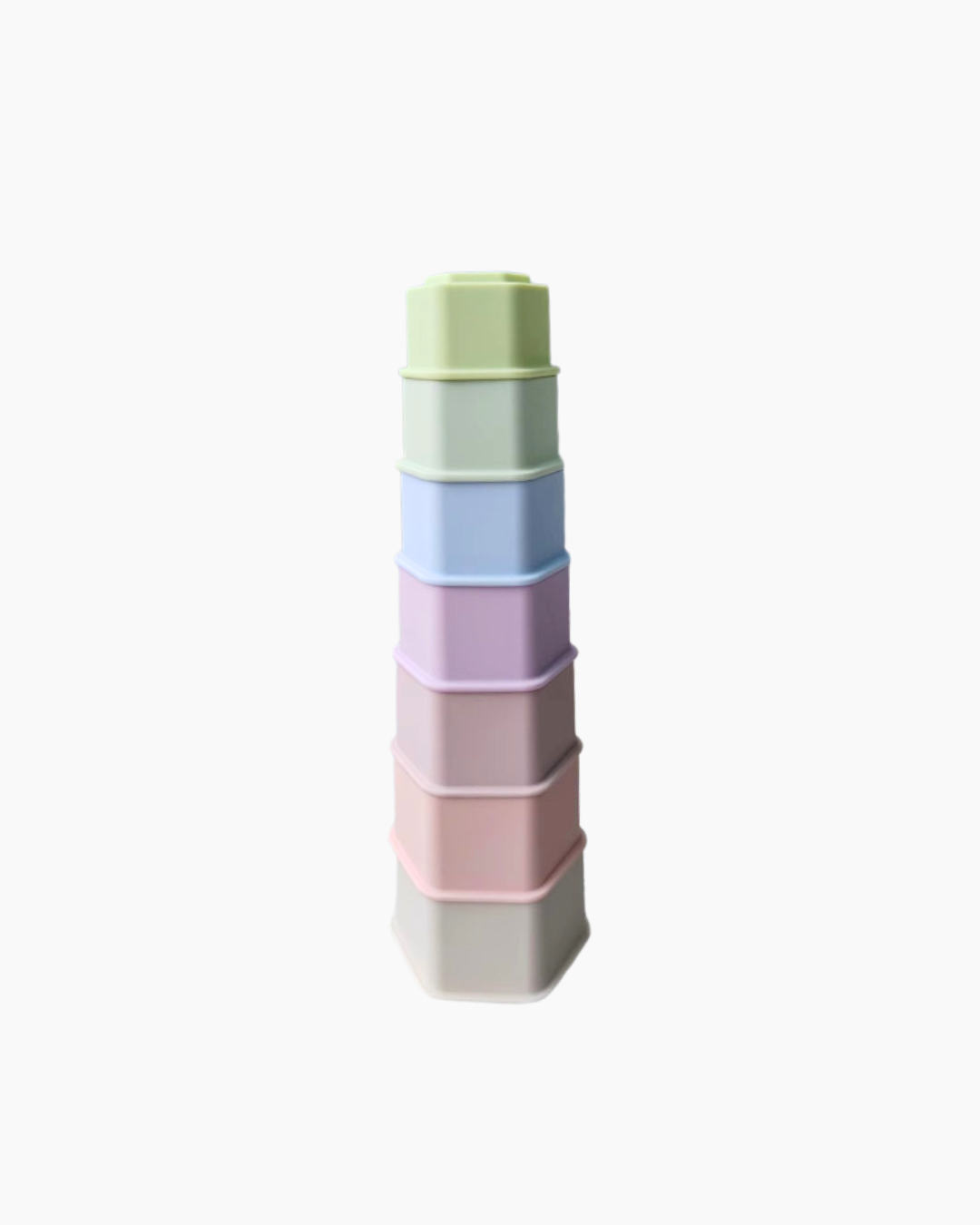 Stack of colorful hexagonal containers on a white background