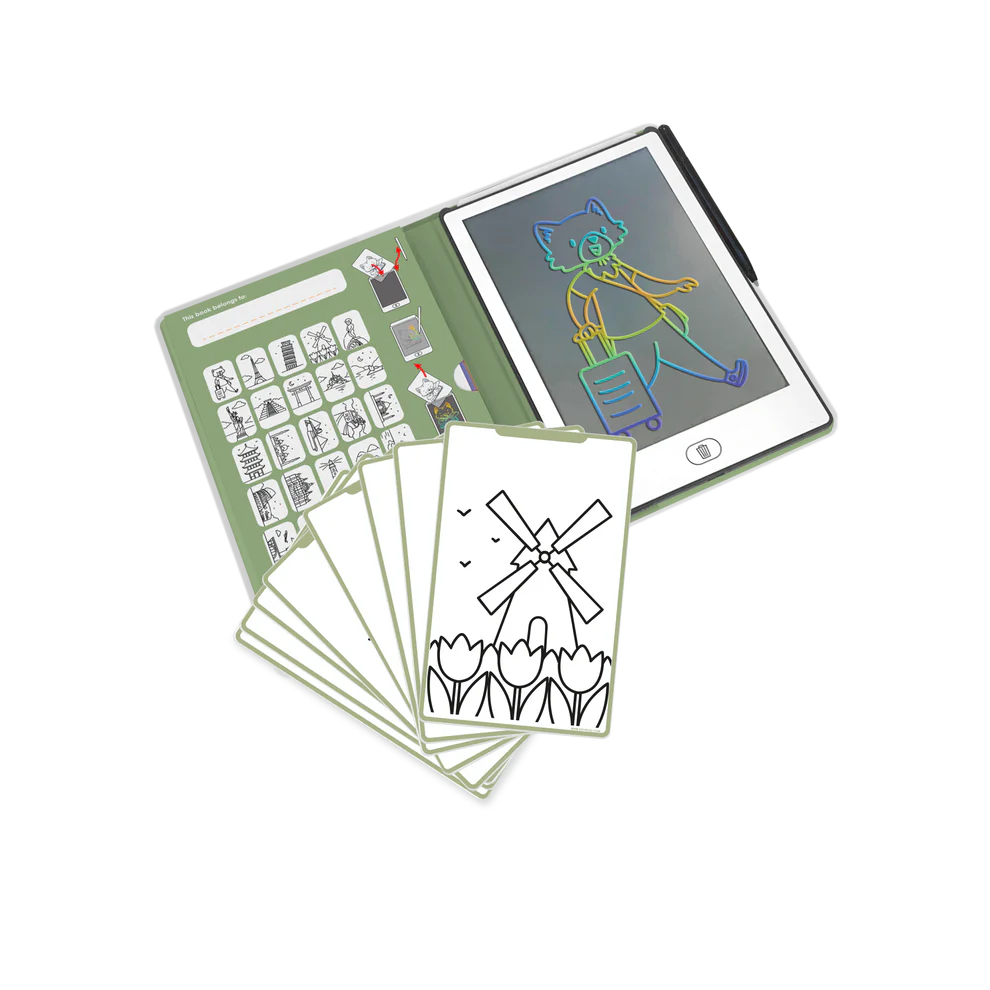 Coloring book with pre-printed designs on a white background